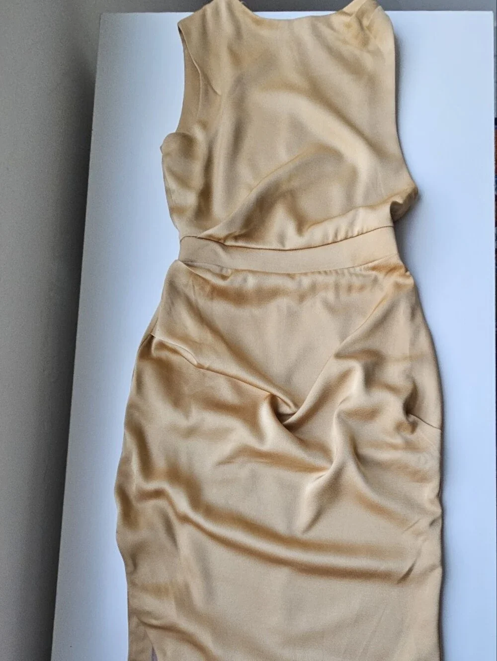 Friend Of Audrey Australia Gold Rouched Satin Asymmetric Sleeveless Midi Dress